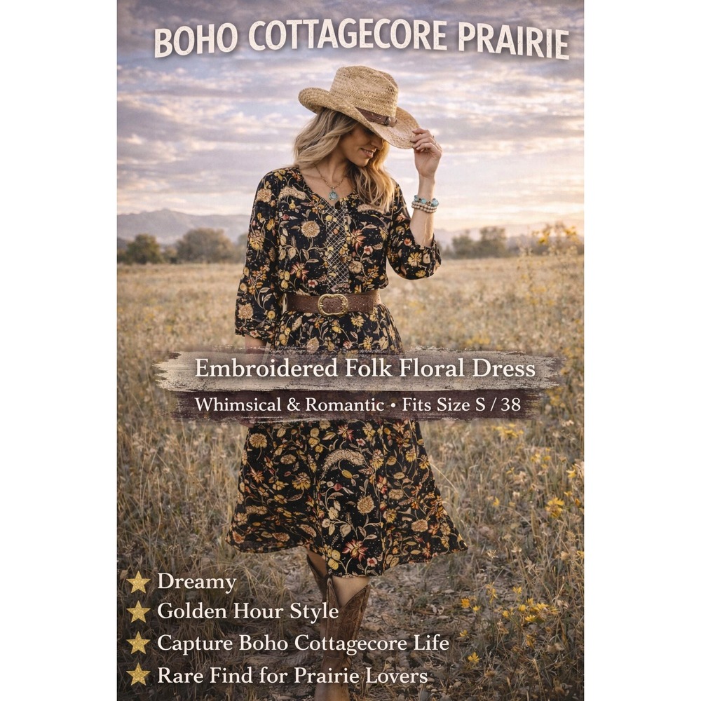 Whimsical Boho‎ Folk Floral Dress  Embroidered Prairie Cottagecore Midi S 38